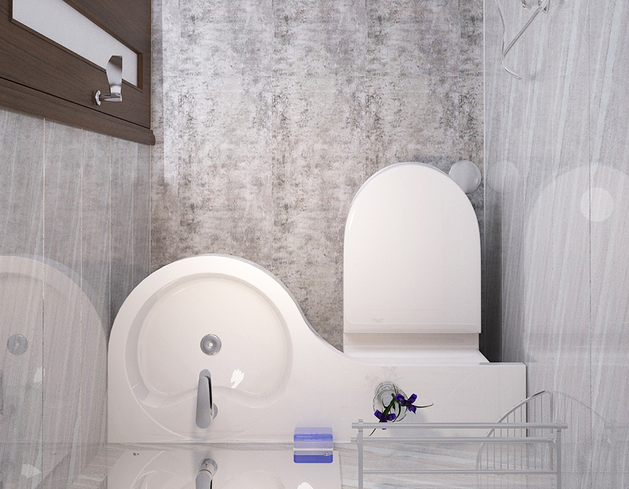 Salle de bains intégrée au logement social avec structure en panneaux de fibres entièrement en résine