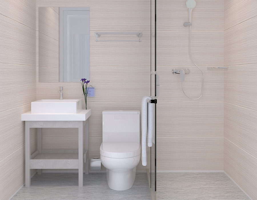 Salle de bain modulaire avec construction à panneaux complets pour une installation rapide