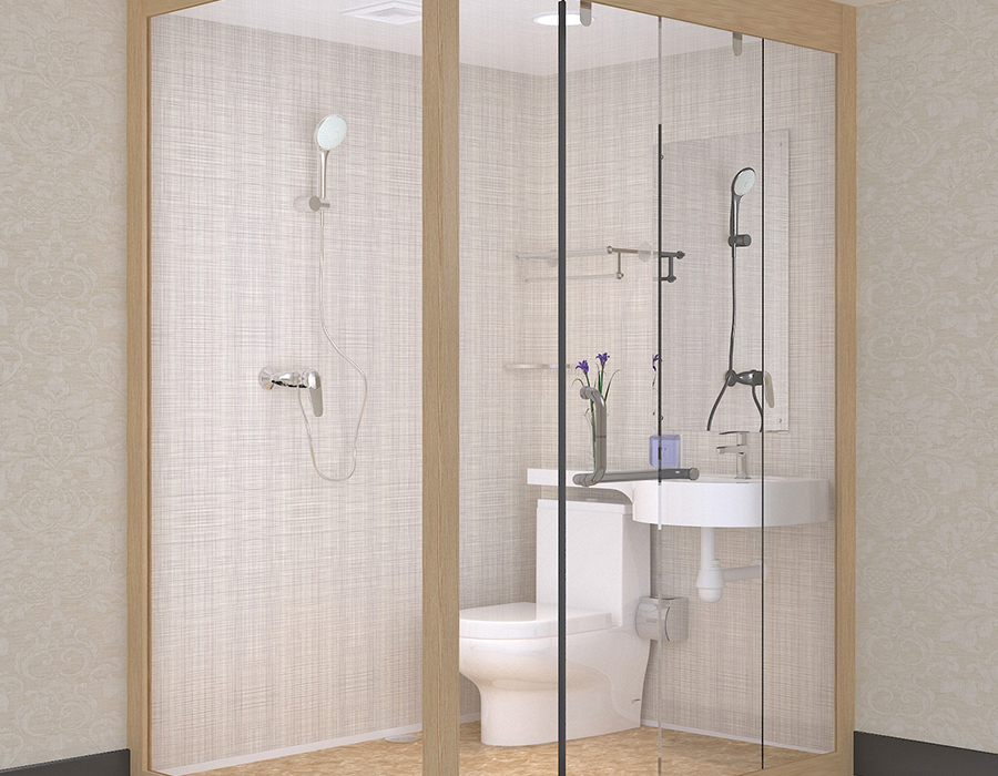 Salle de bains modulaire d'hôtel avec panneaux muraux intérieurs en fibre de résine PEC et murs extérieurs en verre
