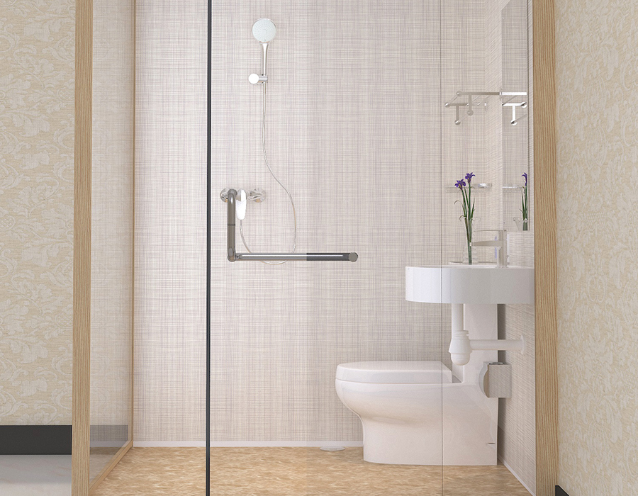 Salle de bains modulaire d'hôtel avec panneaux muraux intérieurs en fibre de résine PEC et murs extérieurs en verre