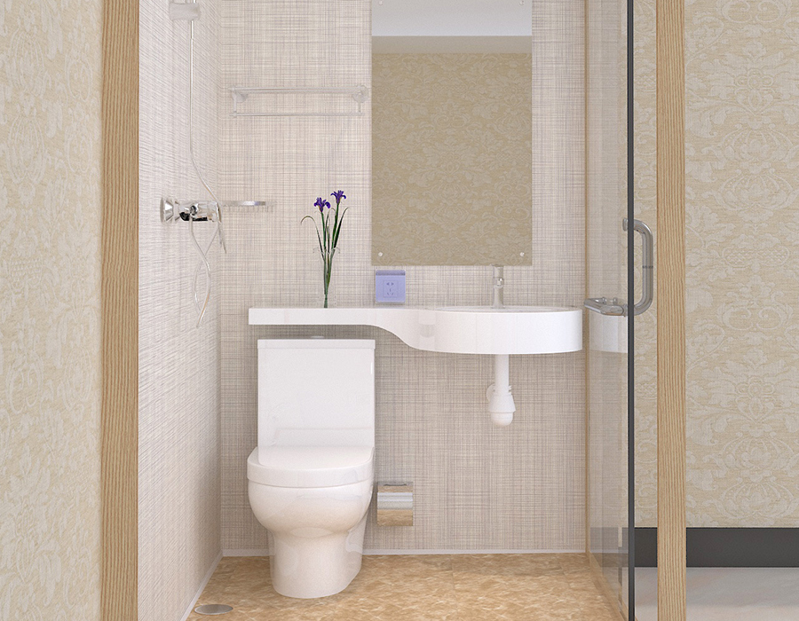 Salle de bains modulaire d'hôtel avec panneaux muraux intérieurs en fibre de résine PEC et murs extérieurs en verre