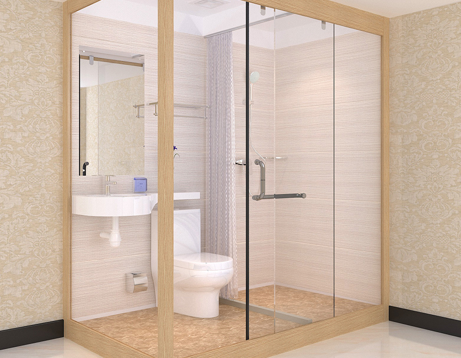 Salle de bains modulaire d'hôtel avec panneaux intérieurs en fibre de résine PEC et murs extérieurs en verre