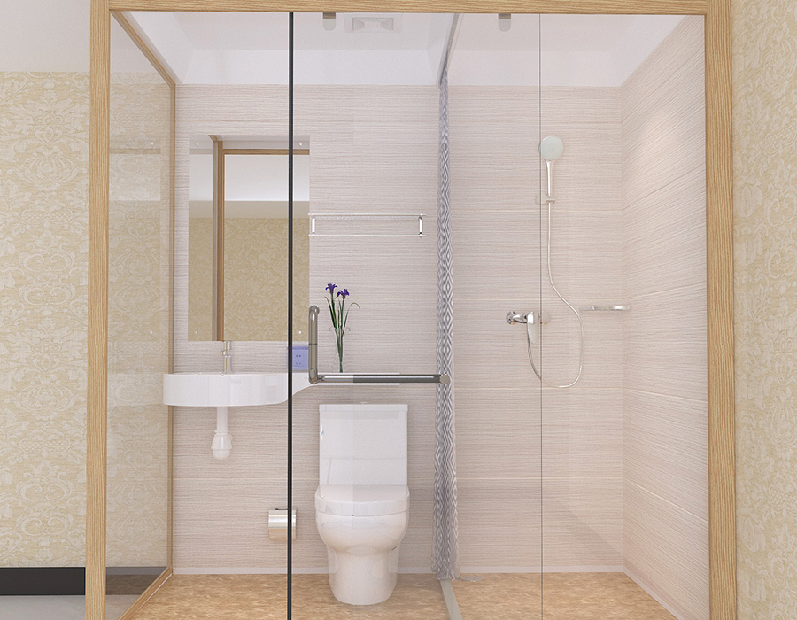 Salle de bains modulaire d'hôtel avec panneaux intérieurs en fibre de résine PEC et murs extérieurs en verre
