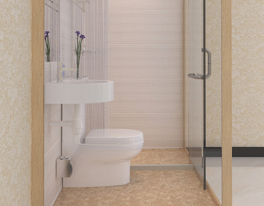 Salle de bains modulaire d'hôtel avec panneaux intérieurs en fibre de résine PEC et murs extérieurs en verre