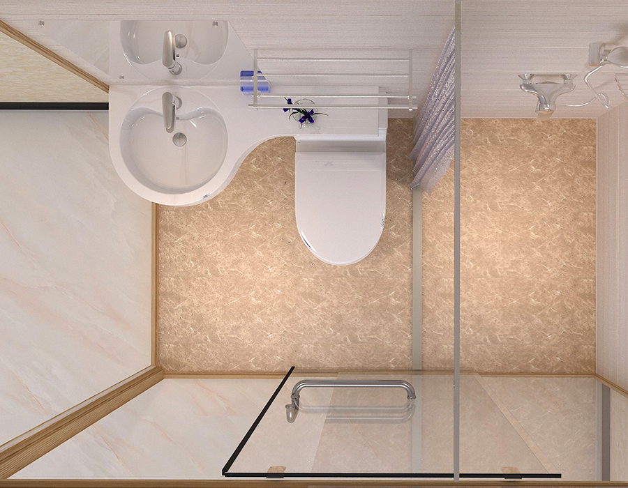 Salle de bains modulaire d'hôtel avec panneaux intérieurs en fibre de résine PEC et murs extérieurs en verre