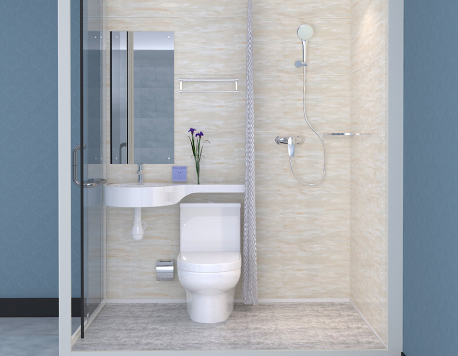 Salle de bain préfabriquée modulaire avec murs extérieurs en verre pour une installation rapide et efficace