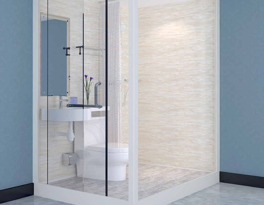 Salle de bain préfabriquée modulaire avec murs extérieurs en verre pour une installation rapide et efficace