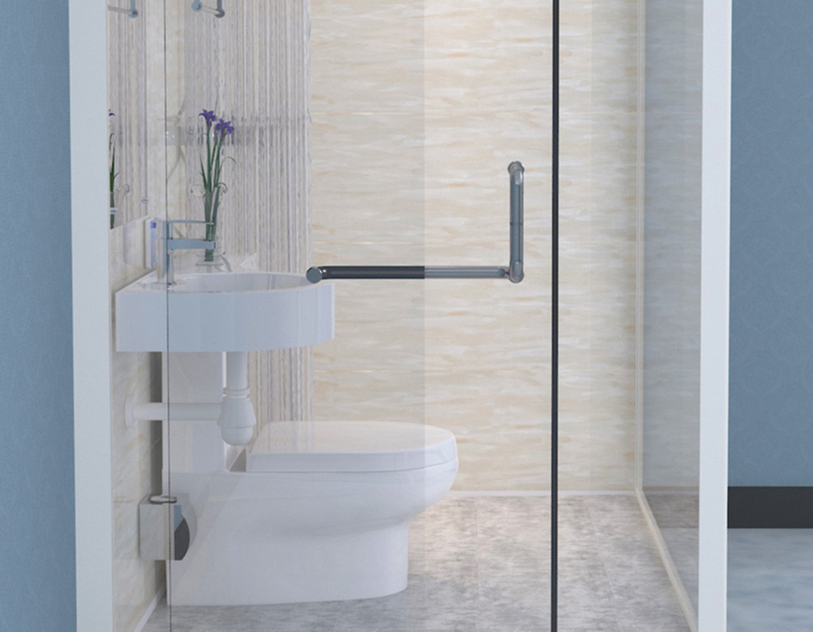 Salle de bain préfabriquée modulaire avec murs extérieurs en verre pour une installation rapide et efficace