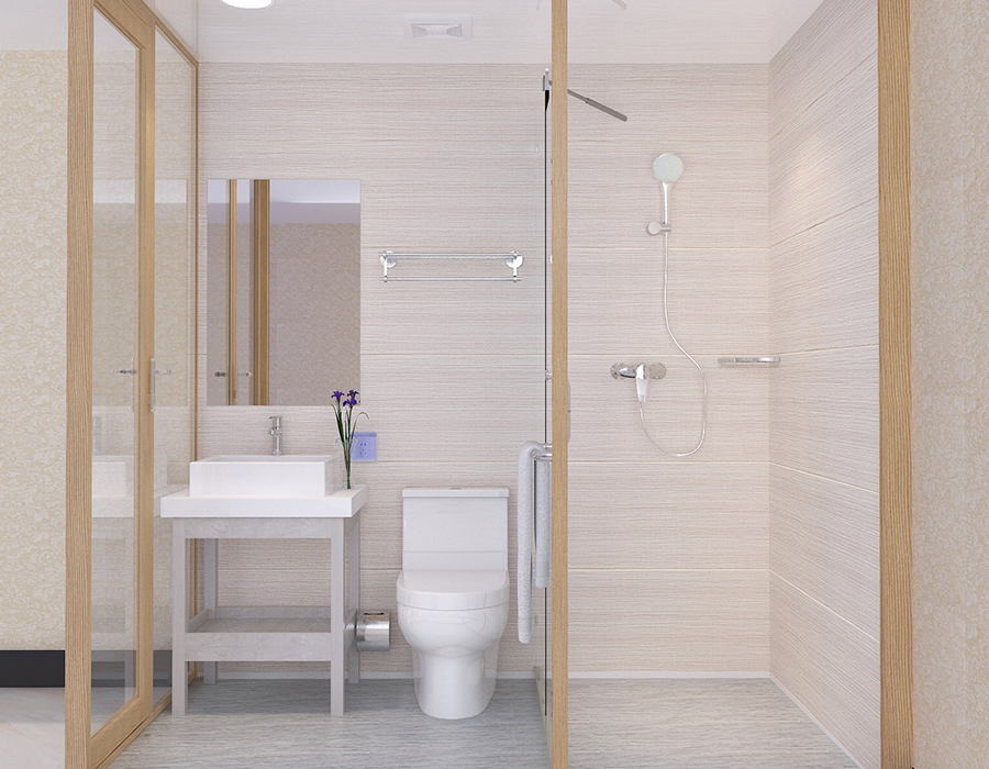 Solution de salle de bains intégrée avec système de panneaux complets pour installations préfabriquées