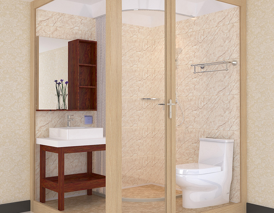Salle de bain intégrée à l'extérieur en verre avec panneaux intérieurs en fibre de résine