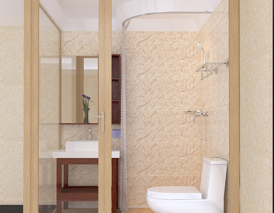 Salle de bain intégrée à l'extérieur en verre avec panneaux intérieurs en fibre de résine