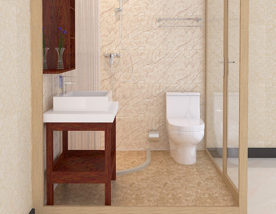Salle de bain intégrée à l'extérieur en verre avec panneaux intérieurs en fibre de résine