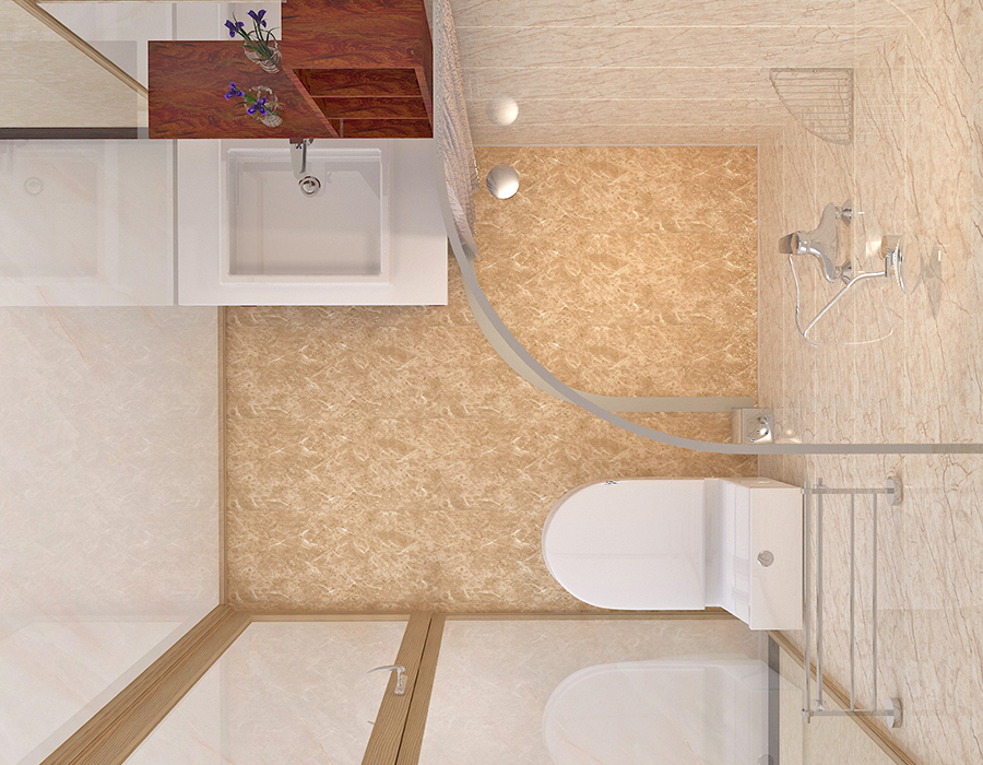 Salle de bain intégrée à l'extérieur en verre avec panneaux intérieurs en fibre de résine