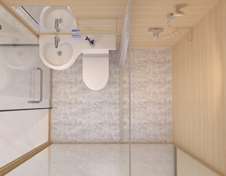 Salle de bains préfabriquée avec panneaux muraux intérieurs en fibre de résine PEC et mur extérieur en verre