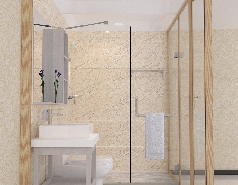 Salle de bain intégrée dans un dortoir avec panneaux intérieurs en fibre de résine PEC et murs extérieurs en verre