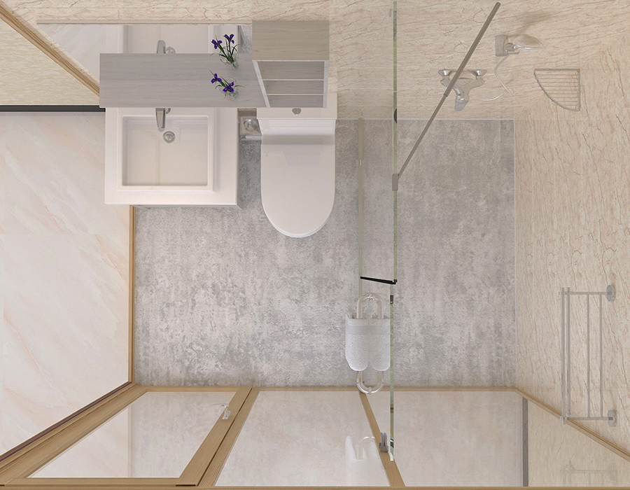 Salle de bain intégrée dans un dortoir avec panneaux intérieurs en fibre de résine PEC et murs extérieurs en verre