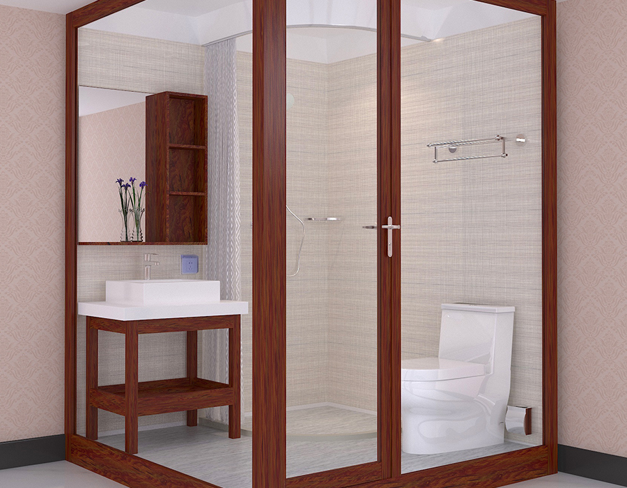 Salle de bains modulaire d'appartement en fibre de résine PEC et base RTM avec murs en verre