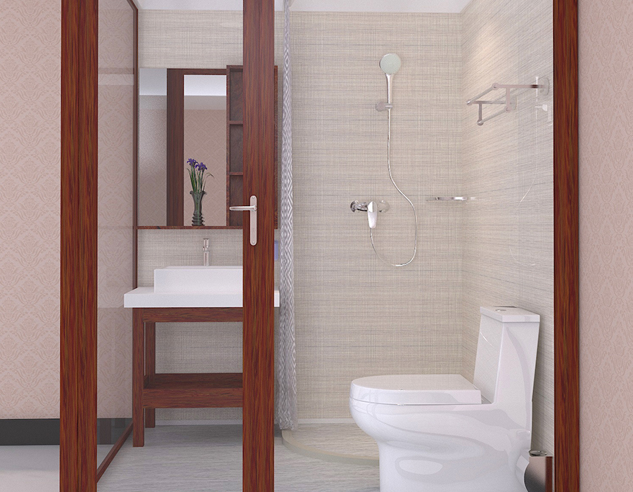 Salle de bains modulaire d'appartement en fibre de résine PEC et base RTM avec murs en verre