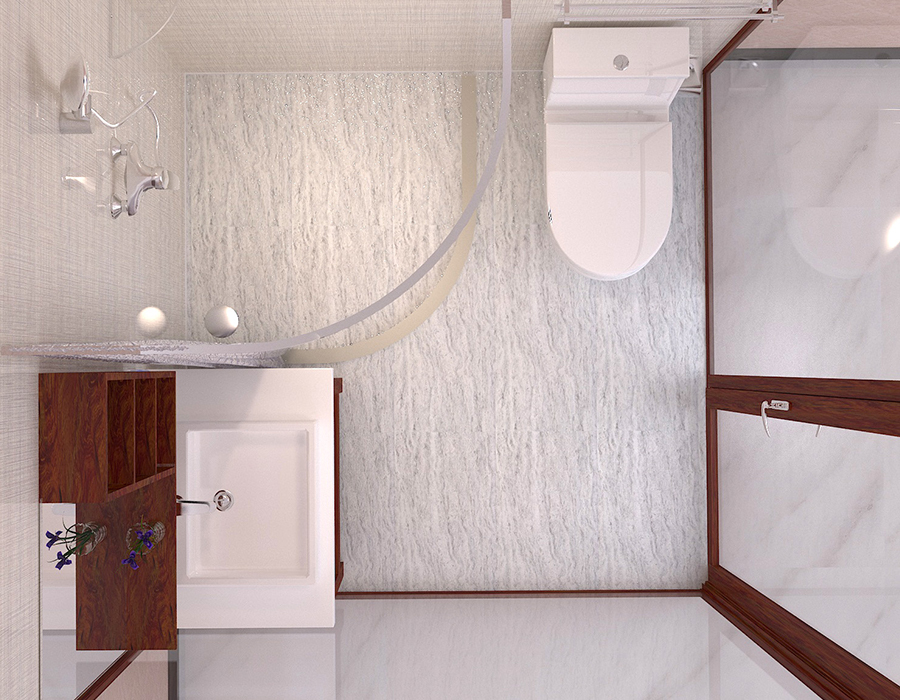 Salle de bains modulaire d'appartement en fibre de résine PEC et base RTM avec murs en verre