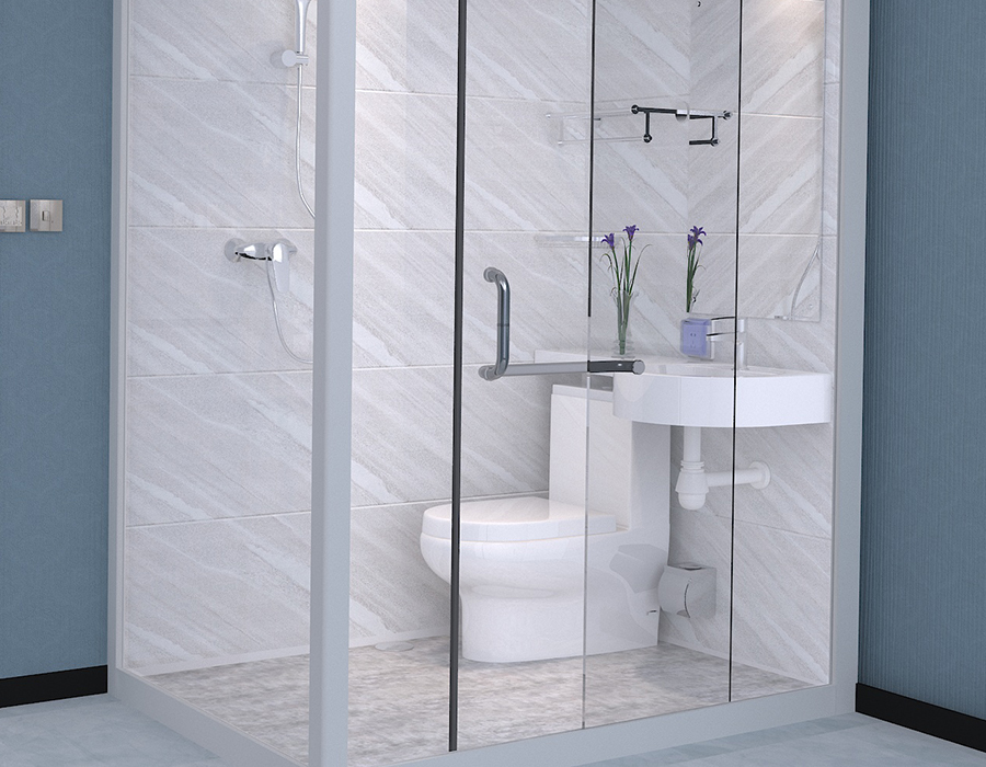 Salle de bain intégrée modulaire à parois de verre avec panneaux intérieurs en fibre de résine PEC
